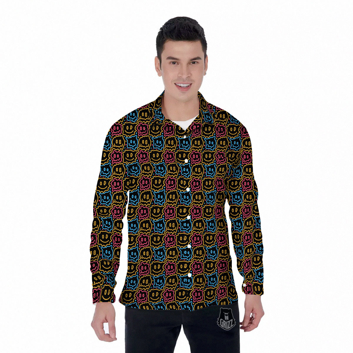 Trippy Neon Psychedelic Print Men's Long Sleeve Shirts-grizzshop