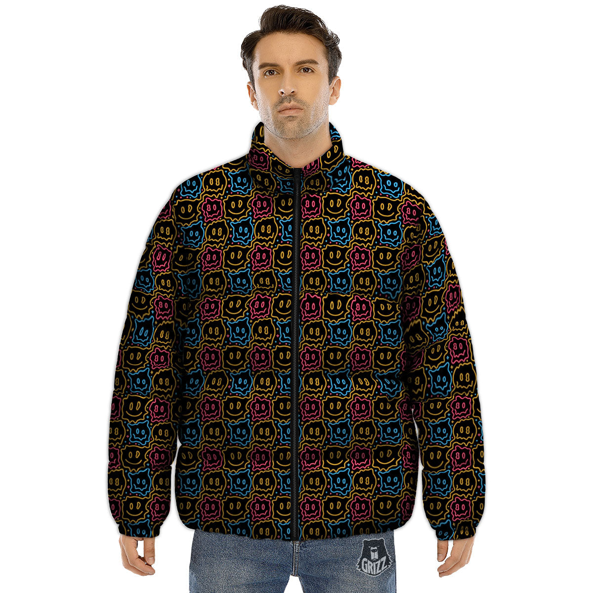 Trippy Neon Psychedelic Print Puffer Jacket-grizzshop