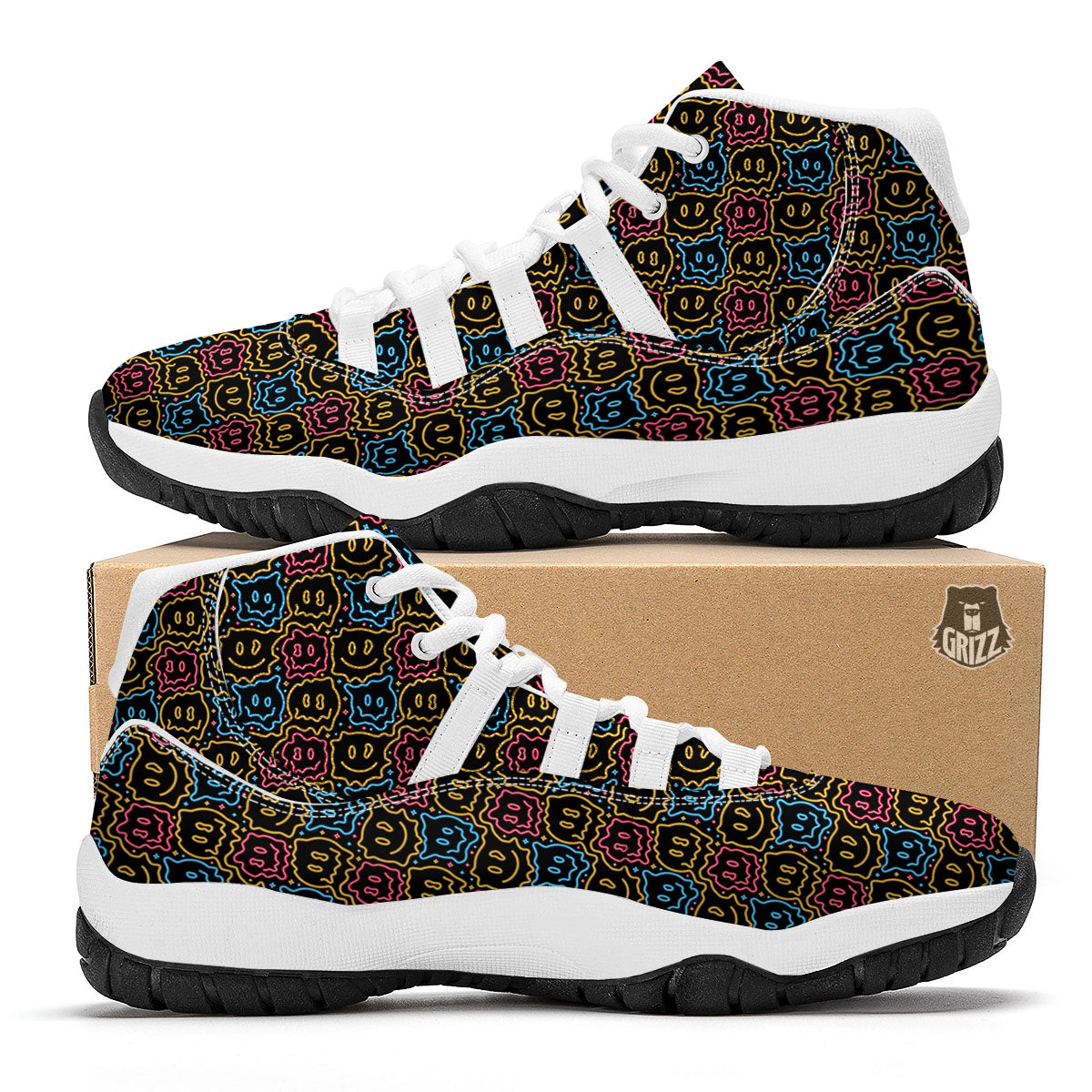 Trippy Neon Psychedelic Print White Bball Shoes-grizzshop