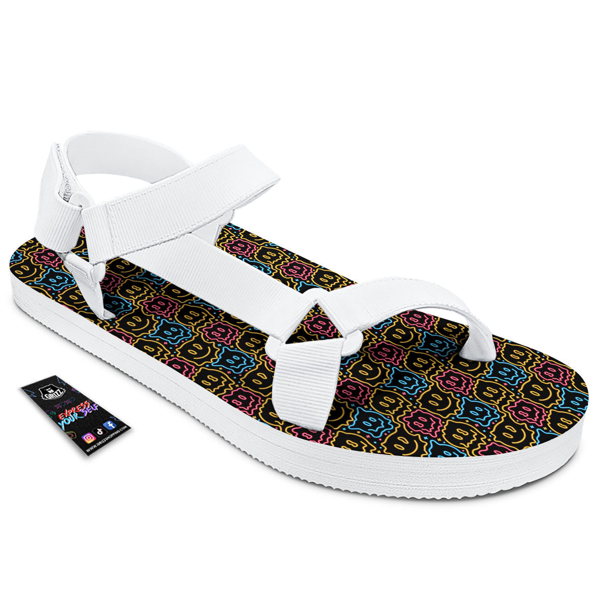 Trippy Neon Psychedelic Print White Open Toe Sandals-grizzshop