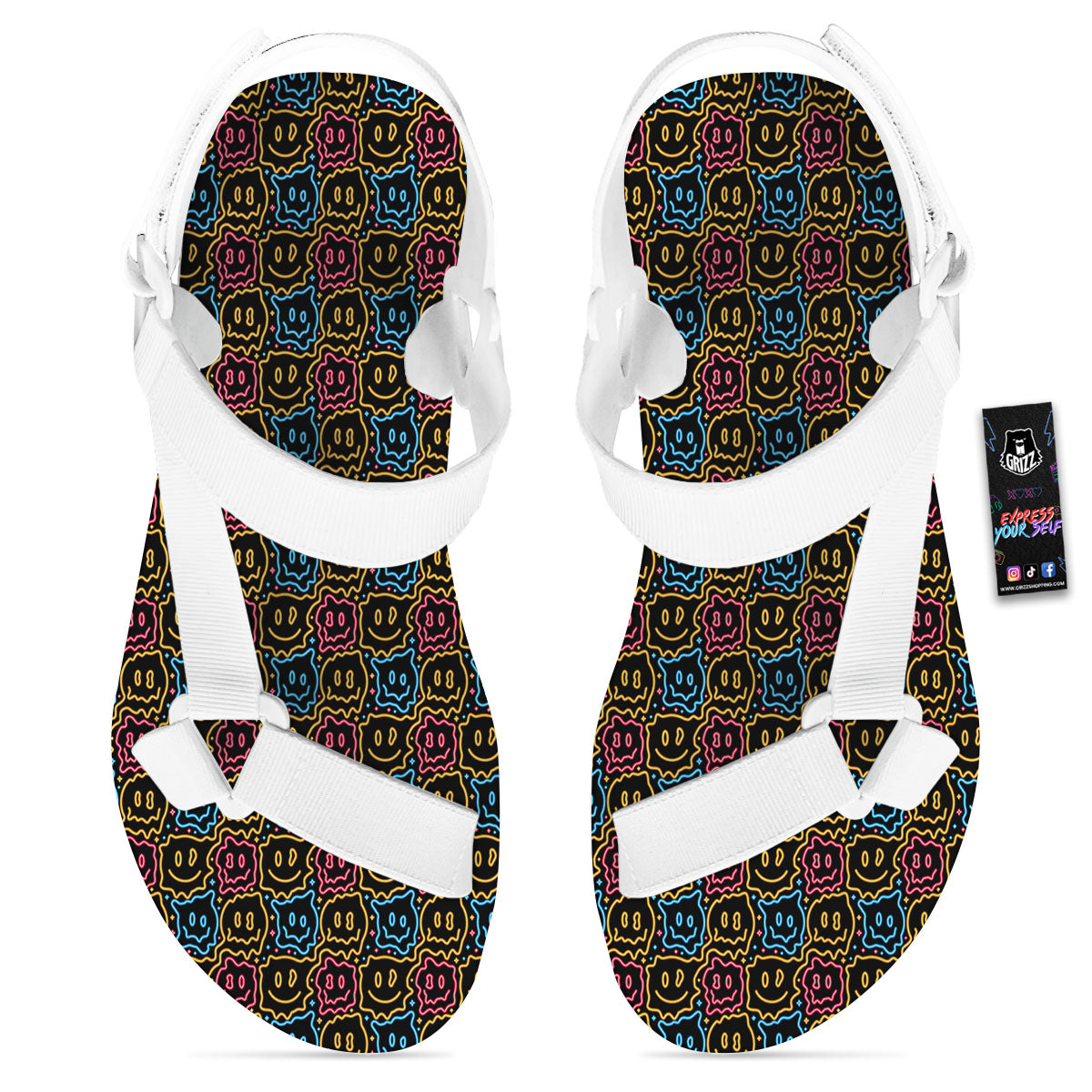 Trippy Neon Psychedelic Print White Open Toe Sandals-grizzshop