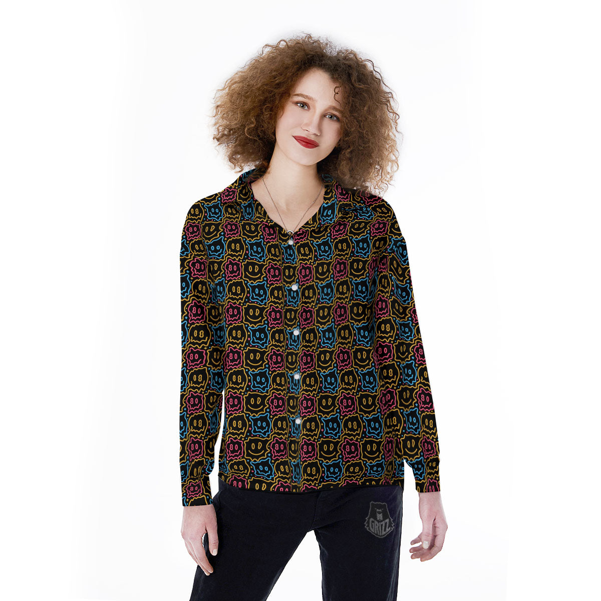 Trippy Neon Psychedelic Print Women's Long Sleeve Shirts-grizzshop