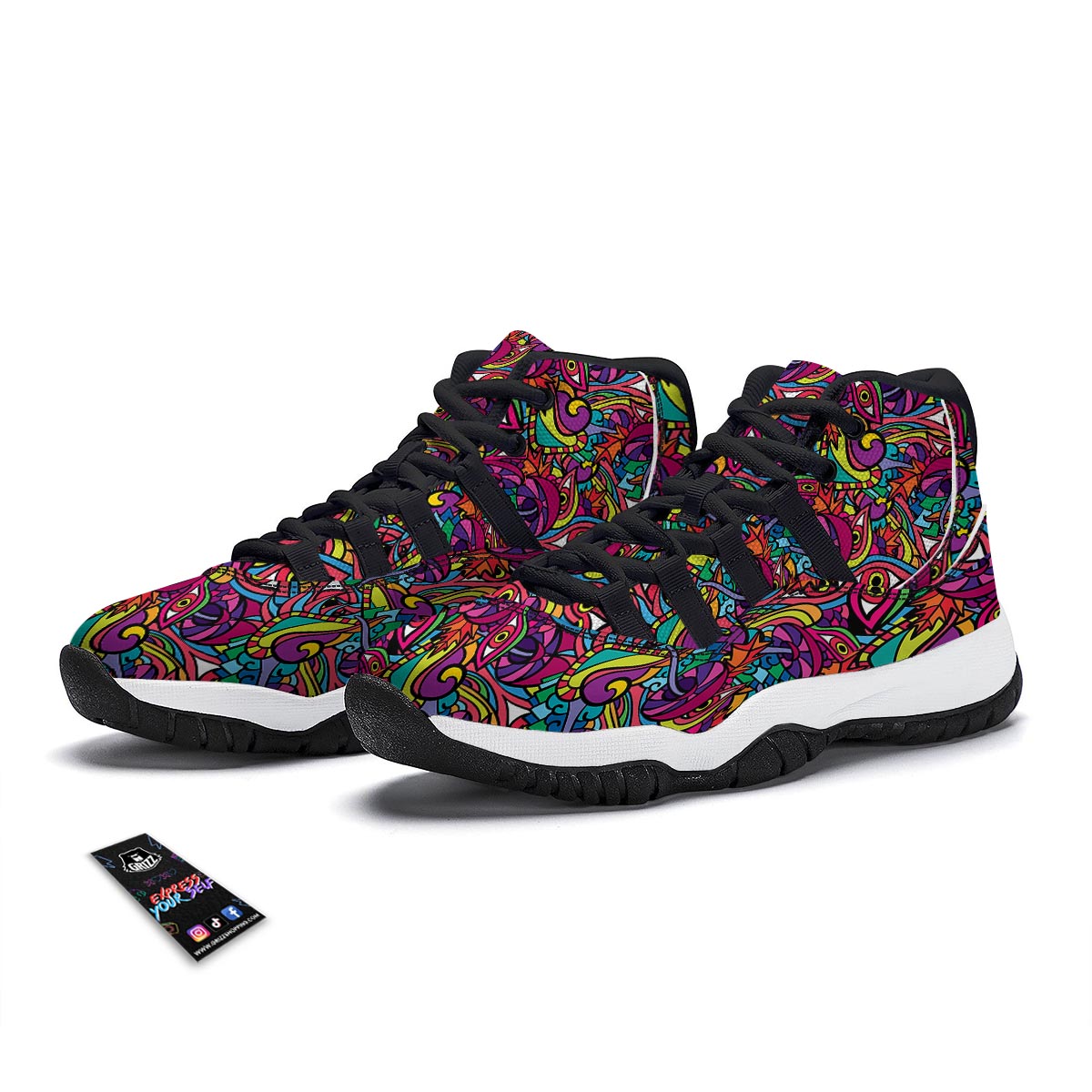 Trippy Print Pattern Black Bball Shoes-grizzshop