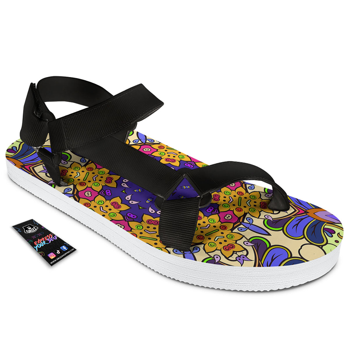 Trippy Psychedelic Ethnic Print Black Open Toe Sandals-grizzshop