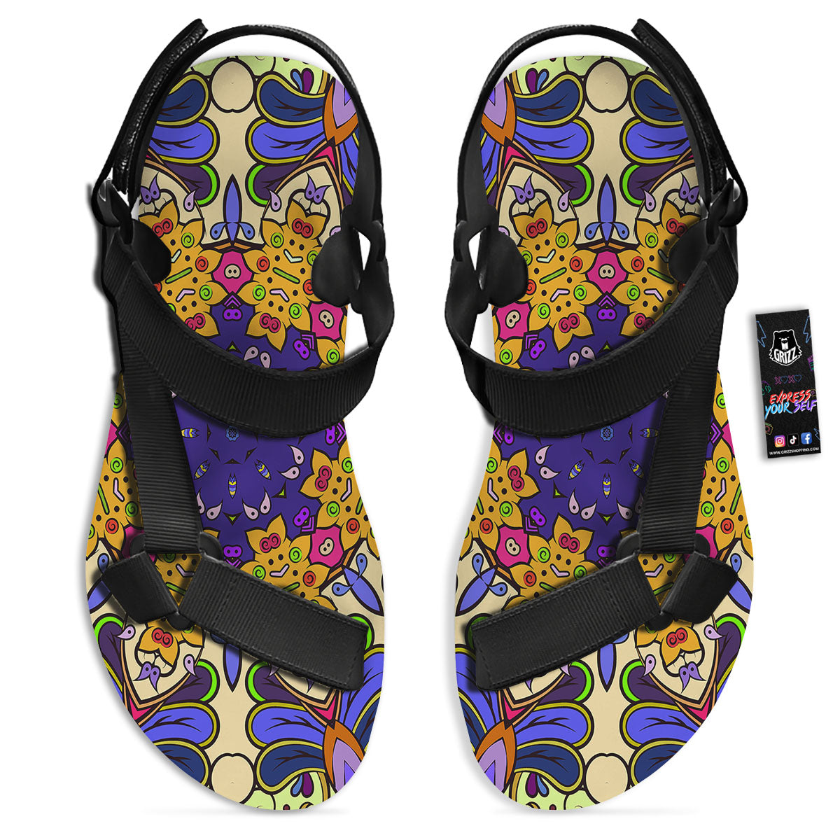 Trippy Psychedelic Ethnic Print Black Open Toe Sandals-grizzshop