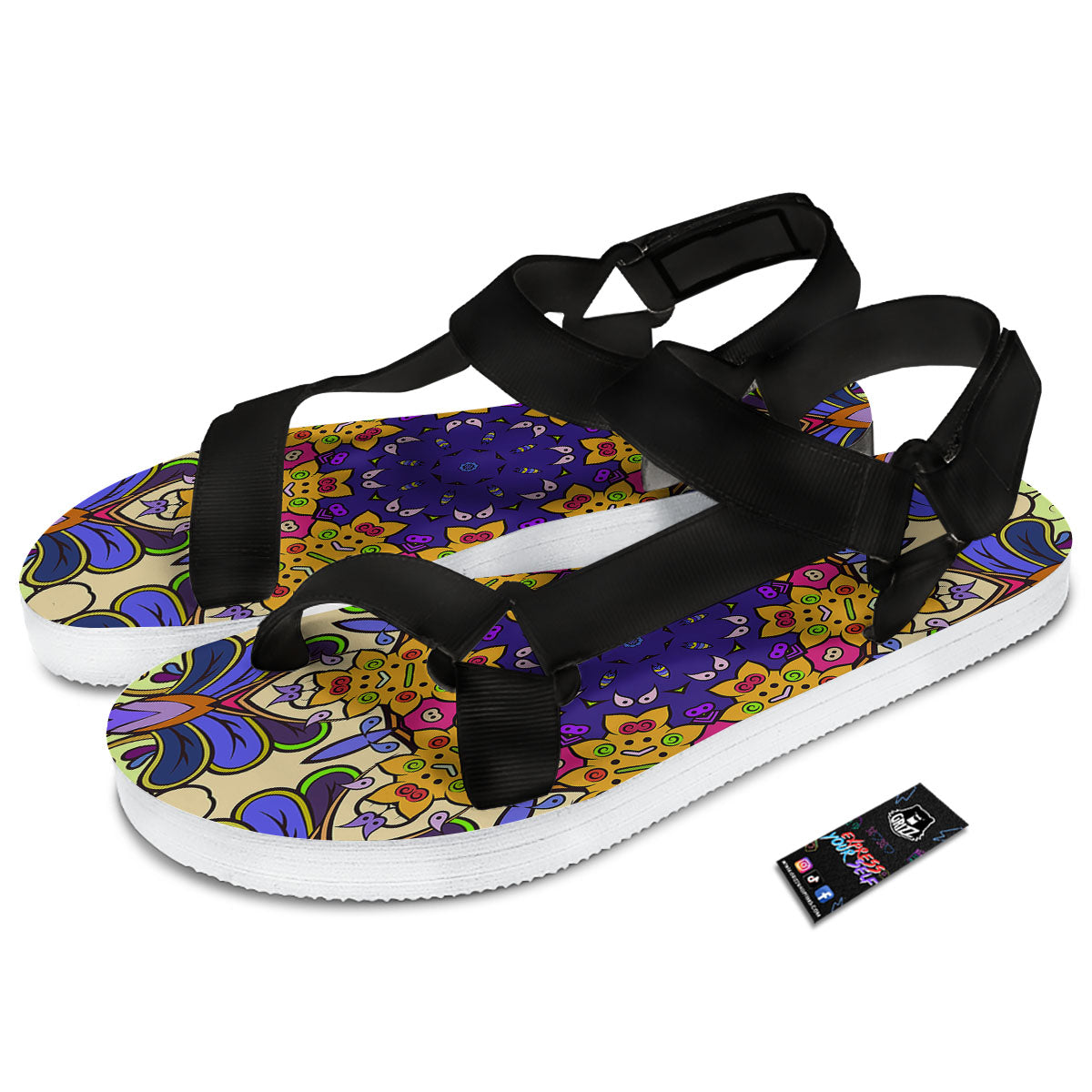 Trippy Psychedelic Ethnic Print Black Open Toe Sandals-grizzshop
