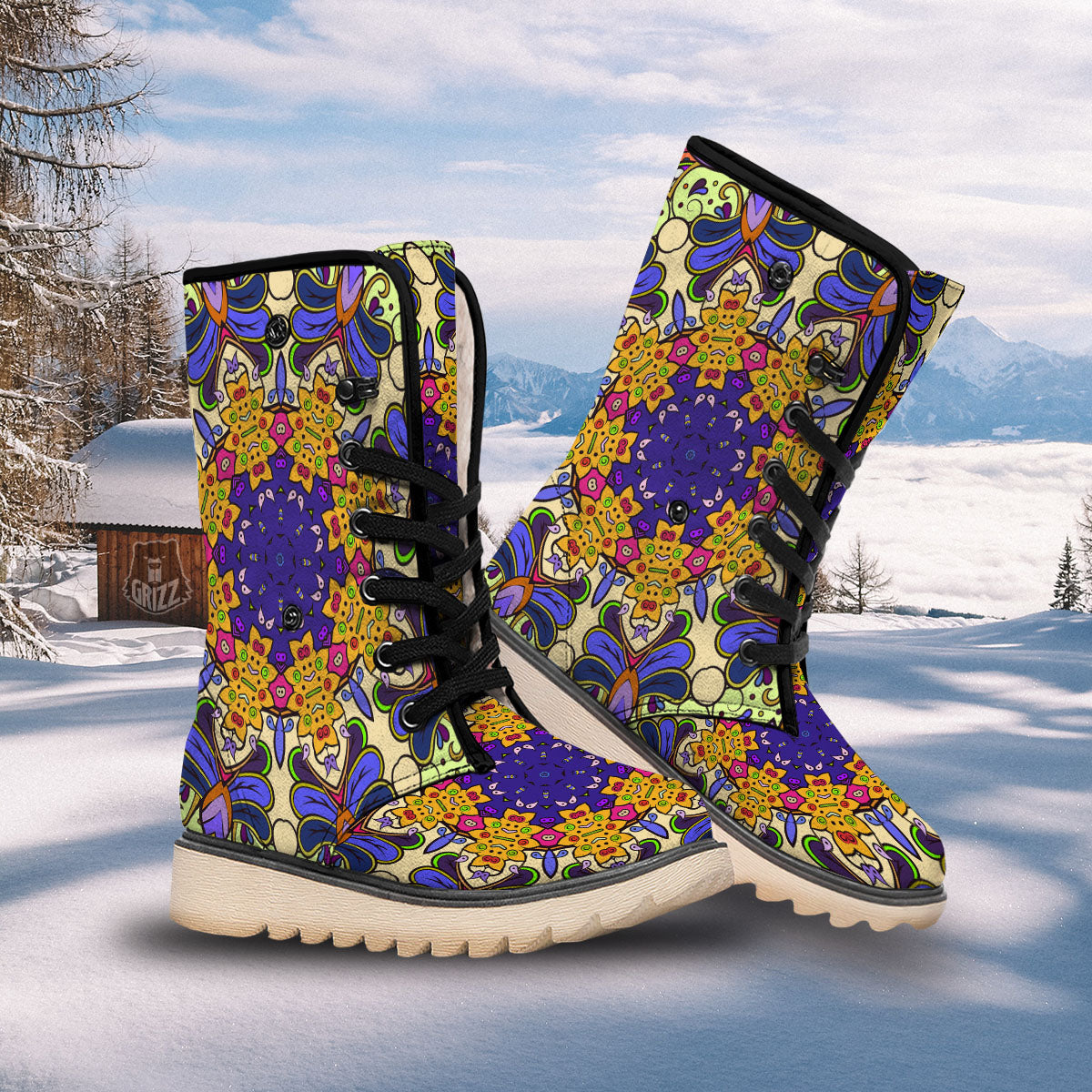 Trippy Psychedelic Ethnic Print Snow Boots-grizzshop