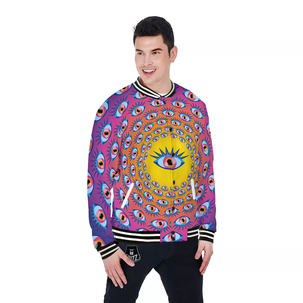 Trippy Psychedelic Eyes Print Baseball Jacket-grizzshop