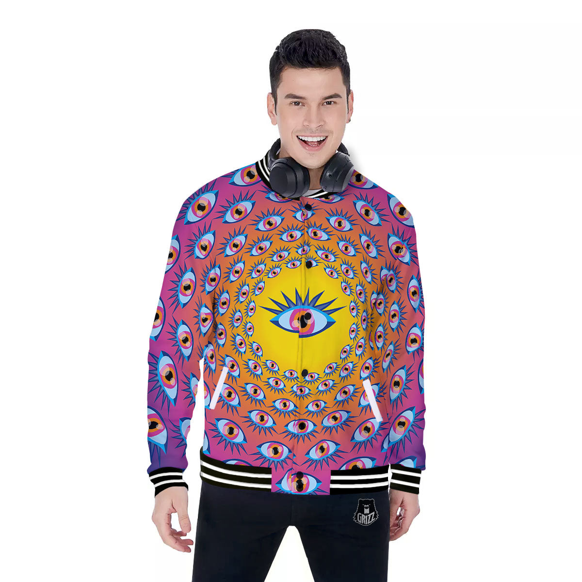 Trippy Psychedelic Eyes Print Baseball Jacket-grizzshop