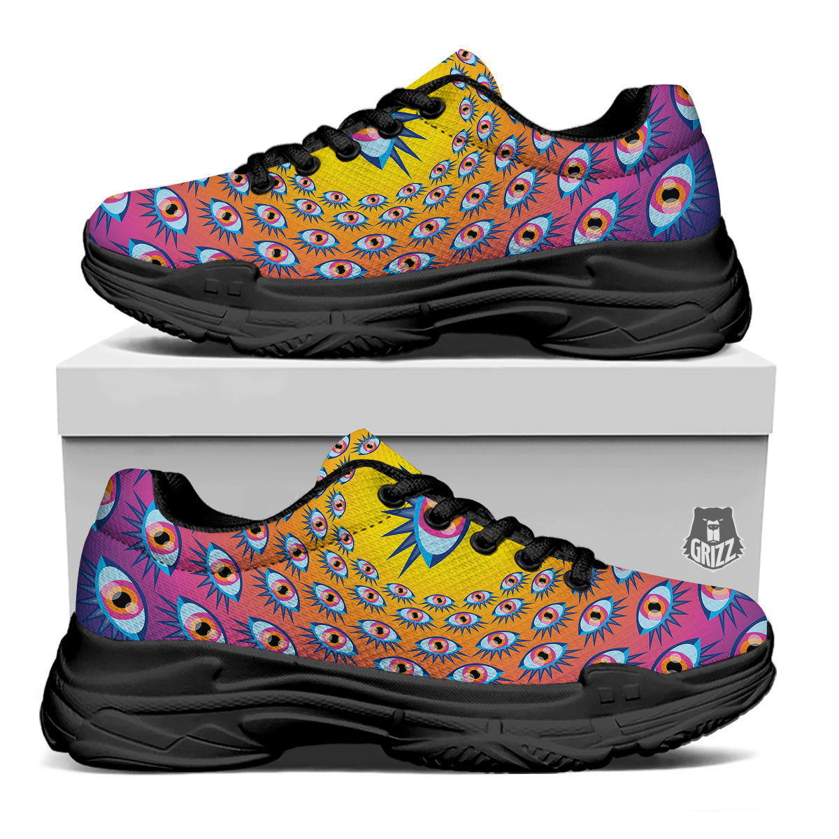 Trippy Psychedelic Eyes Print Black Chunky Shoes-grizzshop