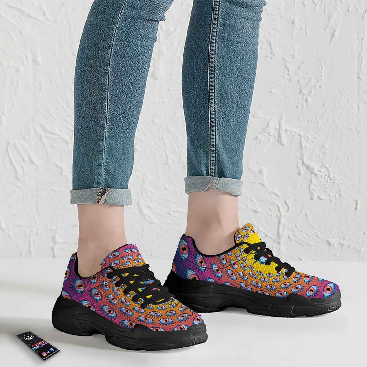 Trippy Psychedelic Eyes Print Black Chunky Shoes-grizzshop