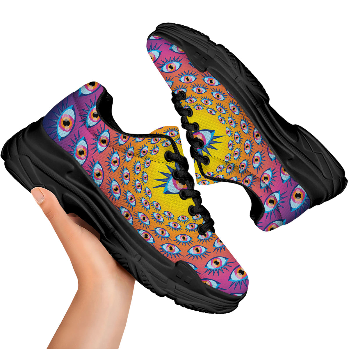 Trippy Psychedelic Eyes Print Black Chunky Shoes-grizzshop