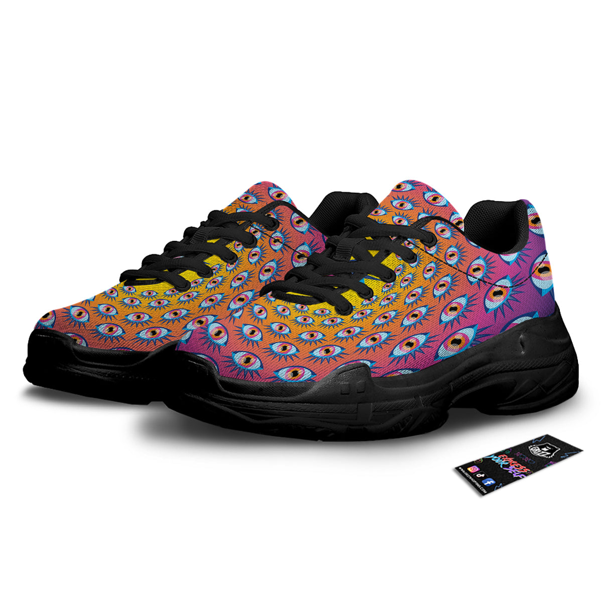 Trippy Psychedelic Eyes Print Black Chunky Shoes-grizzshop