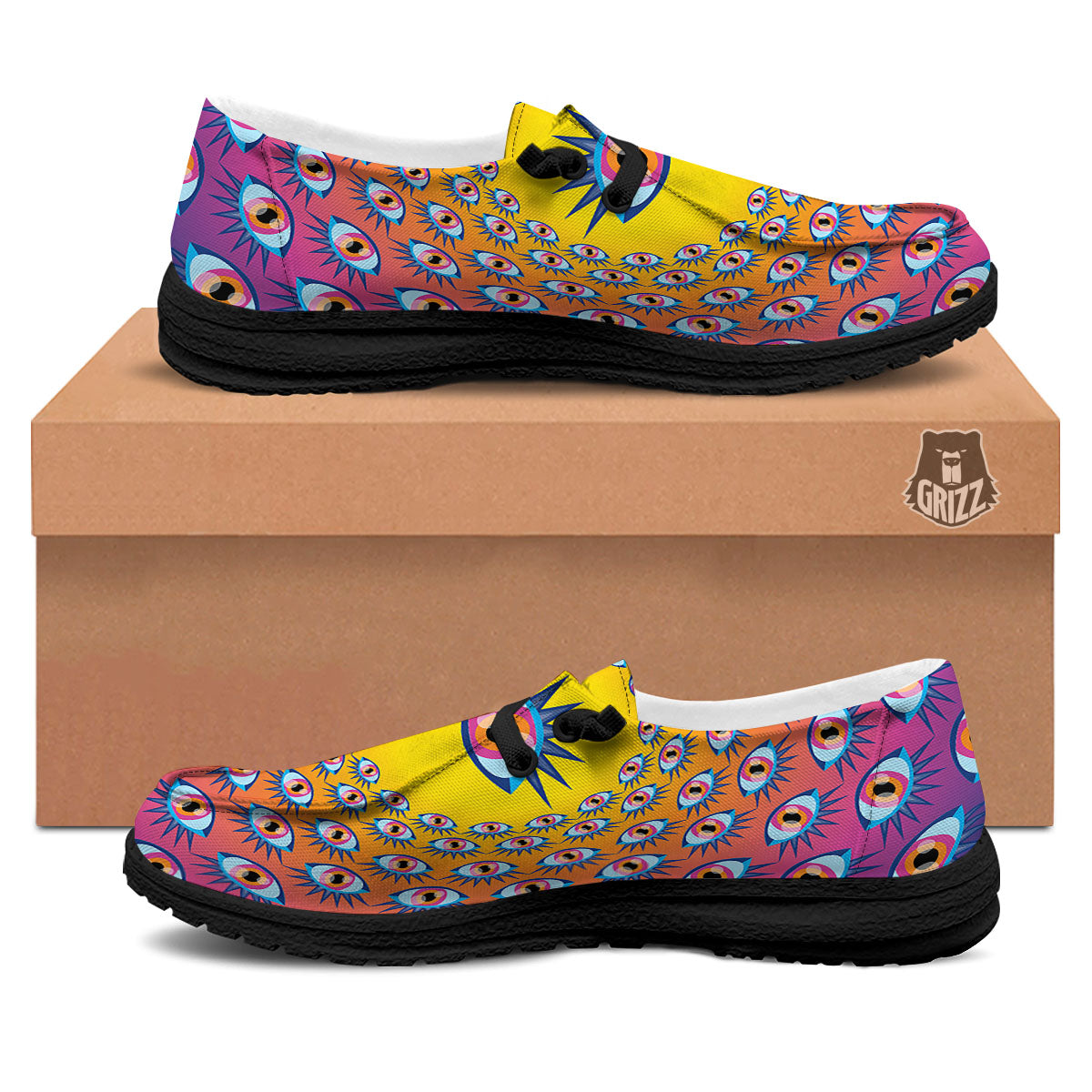Trippy Psychedelic Eyes Print Black Loafers-grizzshop