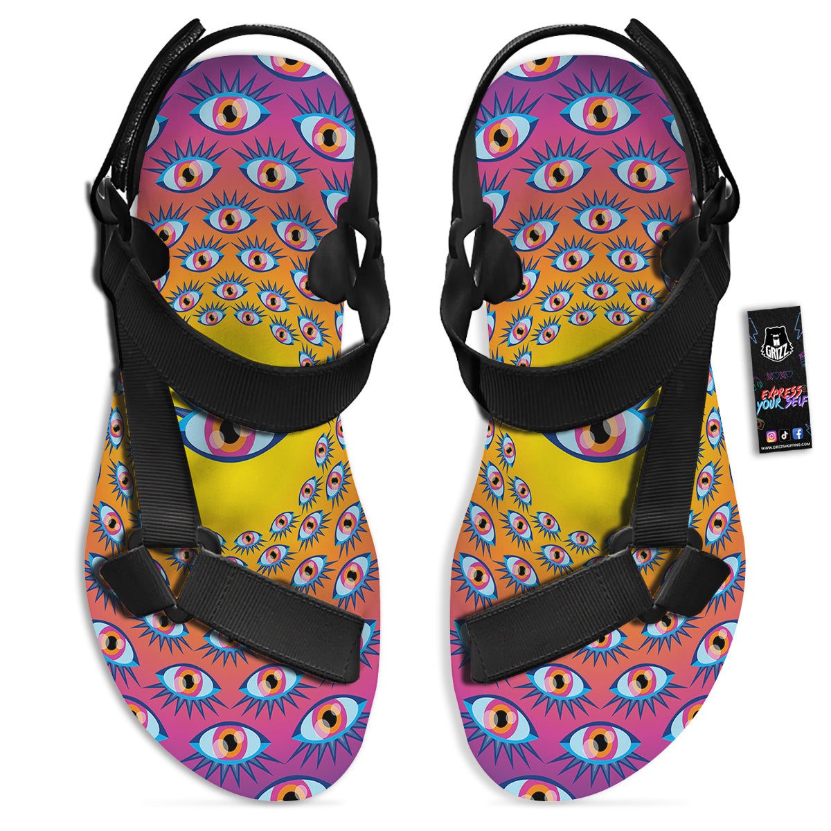 Trippy Psychedelic Eyes Print Black Open Toe Sandals-grizzshop