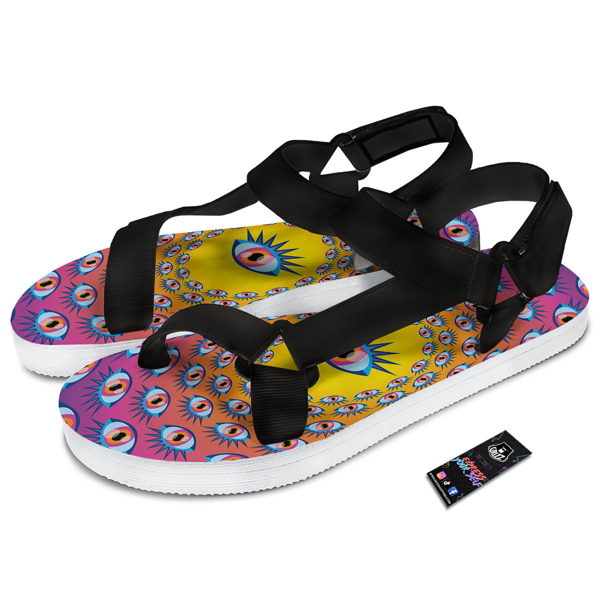 Trippy Psychedelic Eyes Print Black Open Toe Sandals-grizzshop