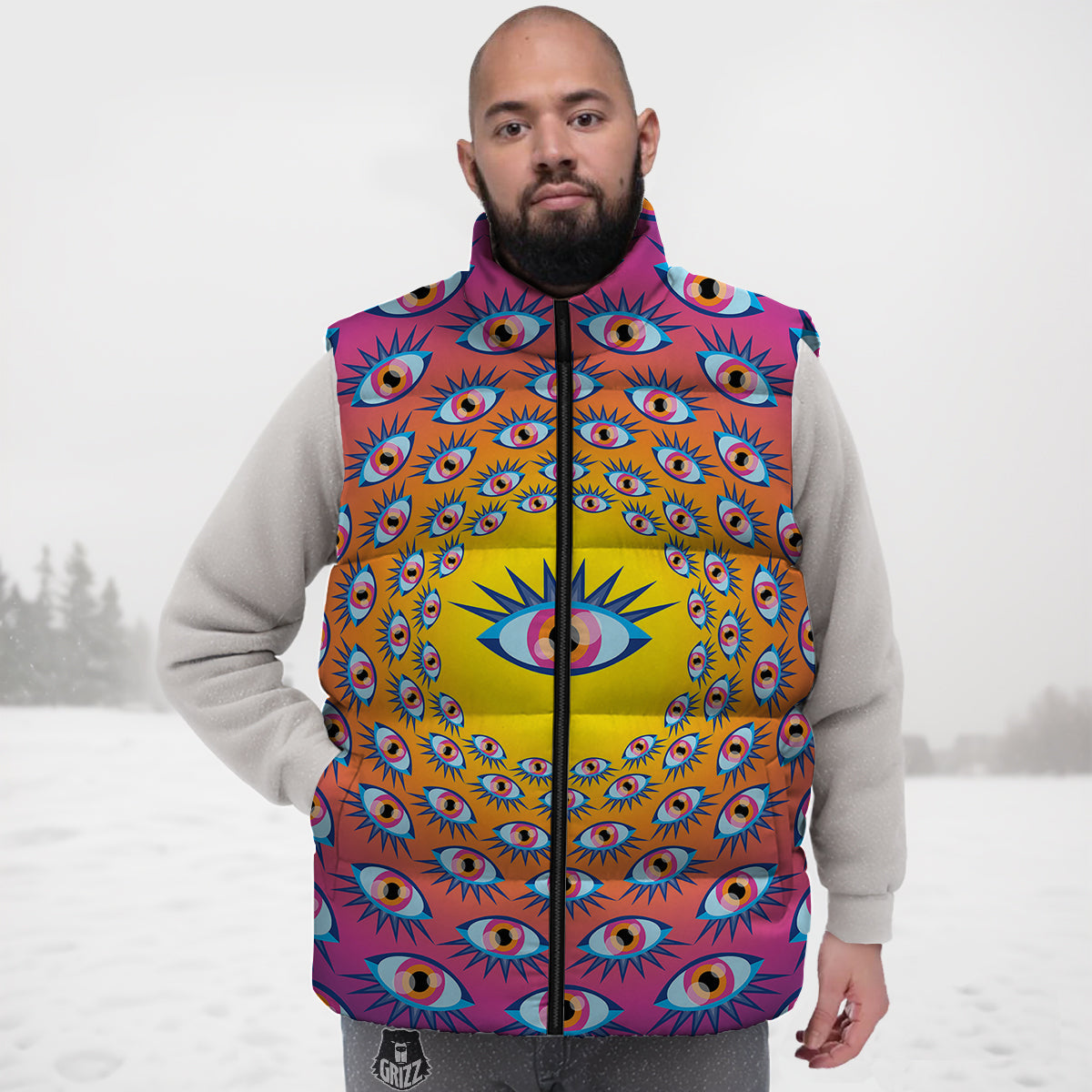 Trippy Psychedelic Eyes Print Down Vest