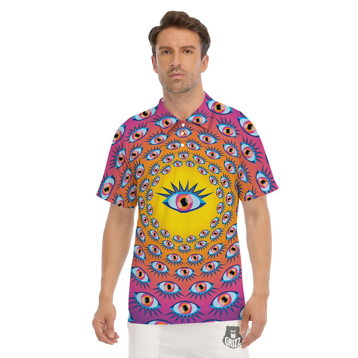 Trippy Psychedelic Eyes Print Men's Golf Shirts-grizzshop