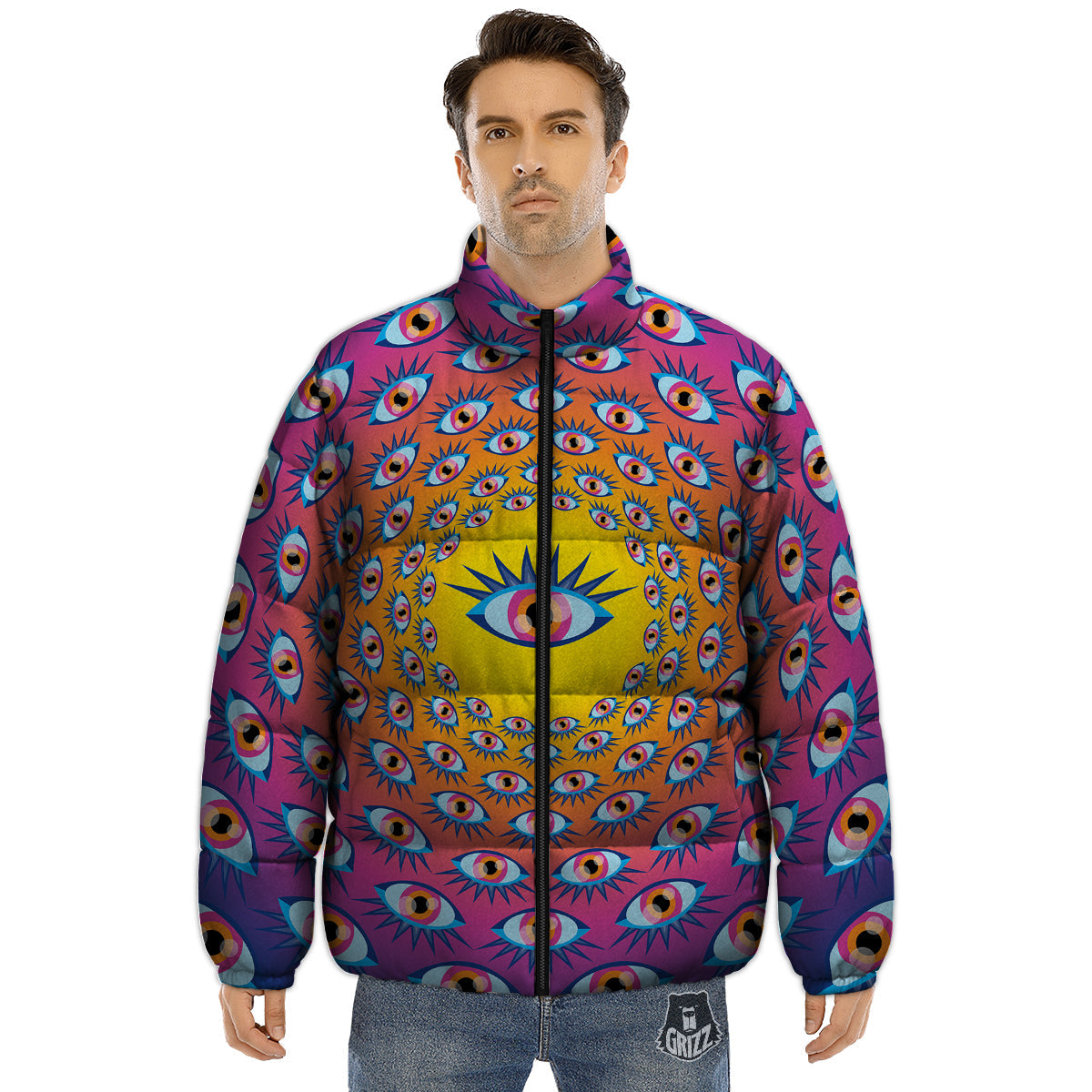 Trippy Psychedelic Eyes Print Puffer Jacket-grizzshop