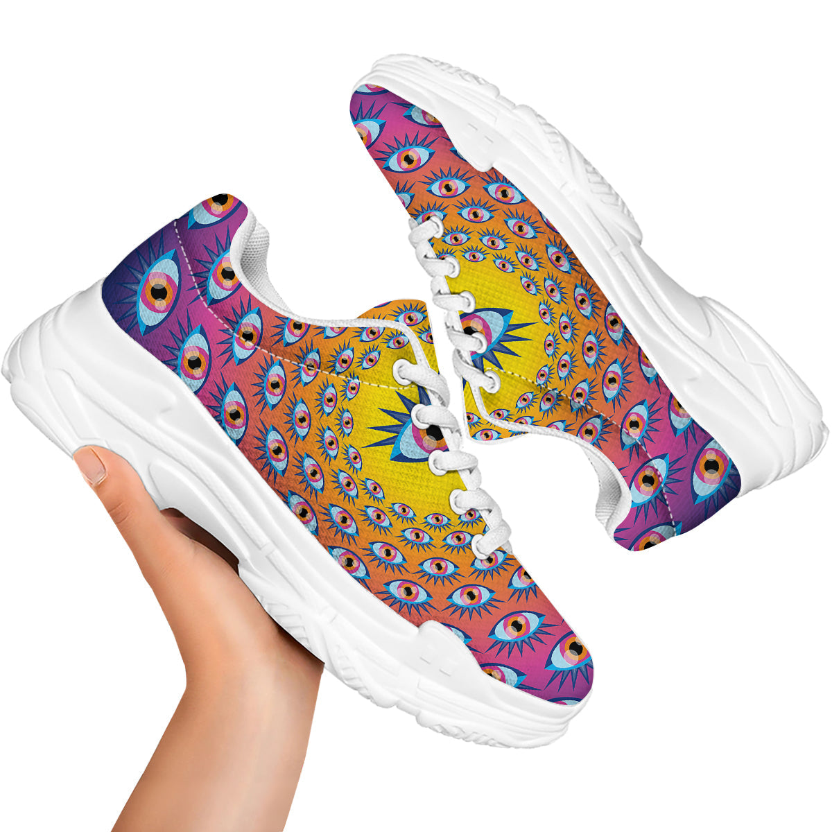 Trippy Psychedelic Eyes Print White Chunky Shoes-grizzshop