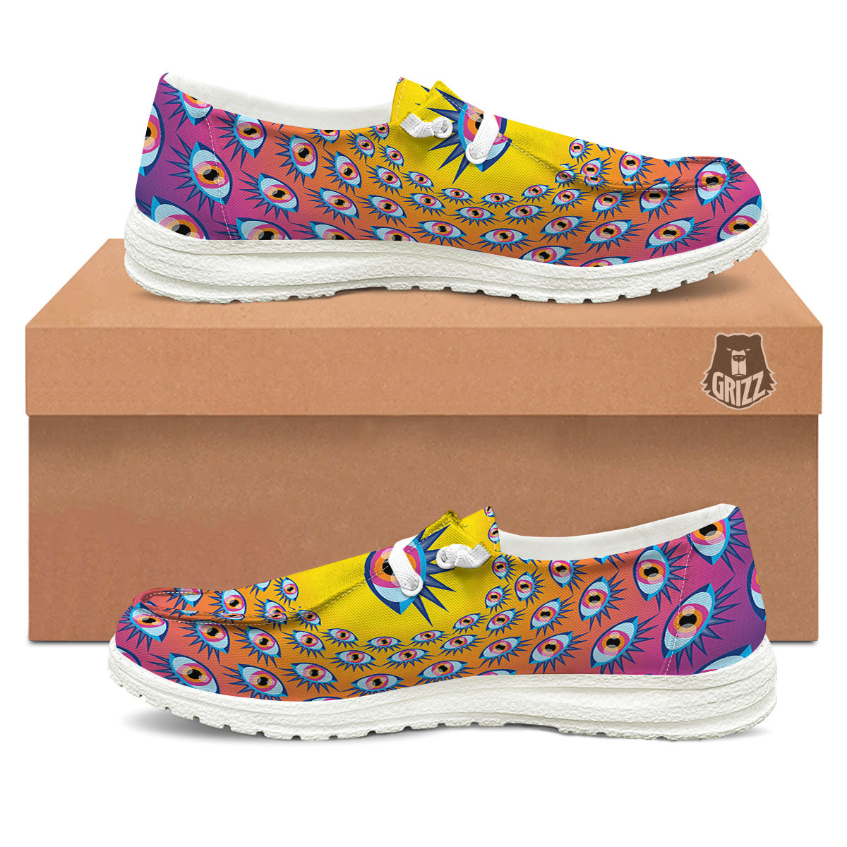 Trippy Psychedelic Eyes Print White Loafers-grizzshop