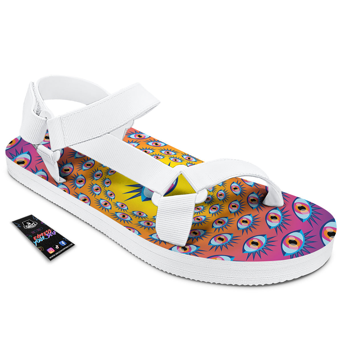 Trippy Psychedelic Eyes Print White Open Toe Sandals-grizzshop