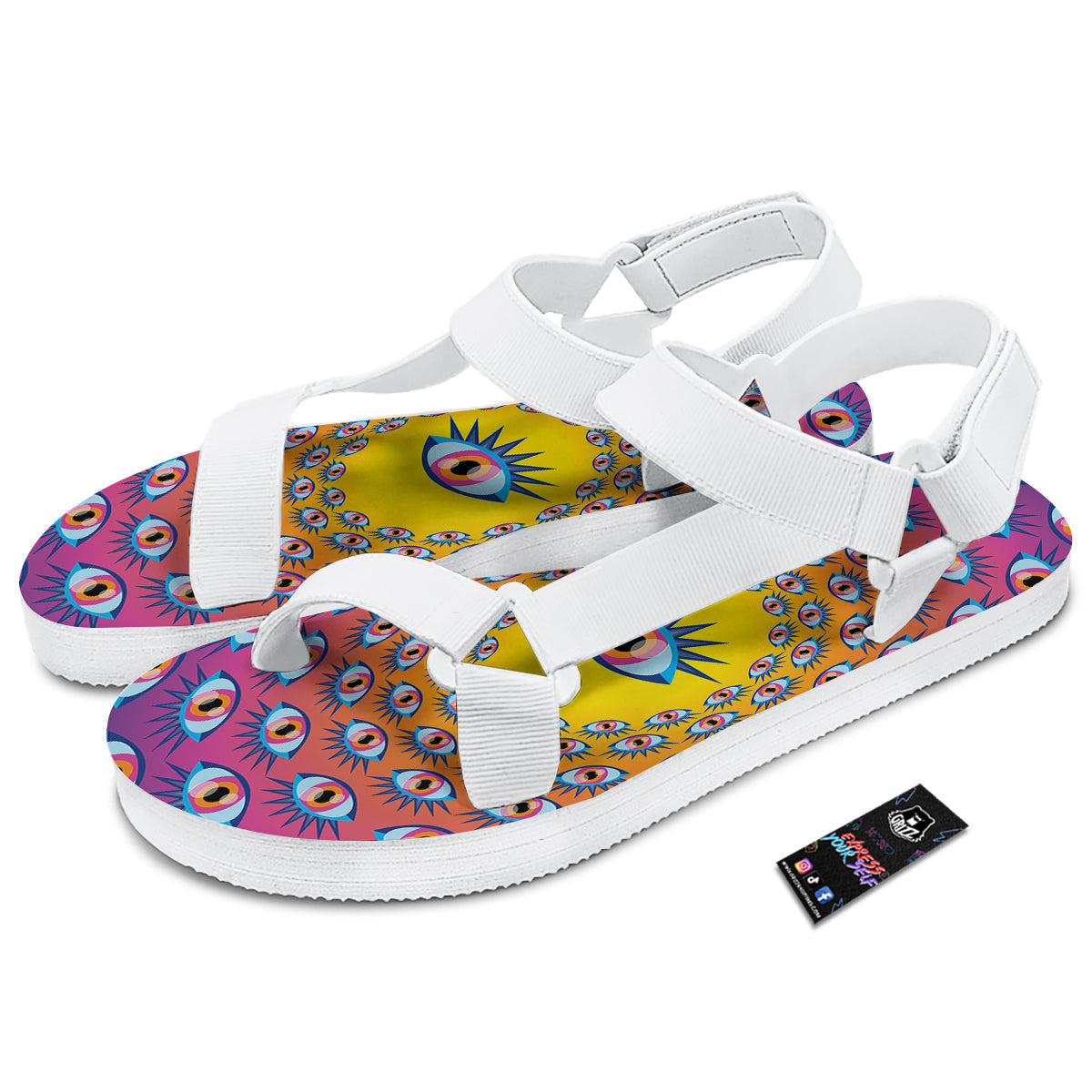 Trippy Psychedelic Eyes Print White Open Toe Sandals-grizzshop
