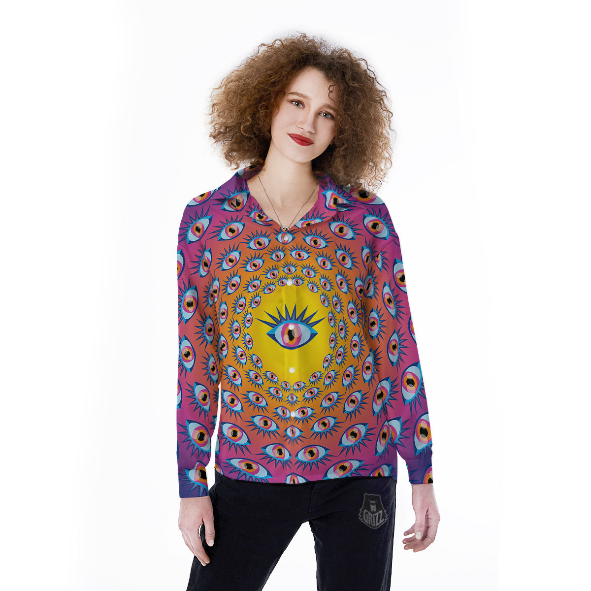Trippy Psychedelic Eyes Print Women's Long Sleeve Shirts-grizzshop