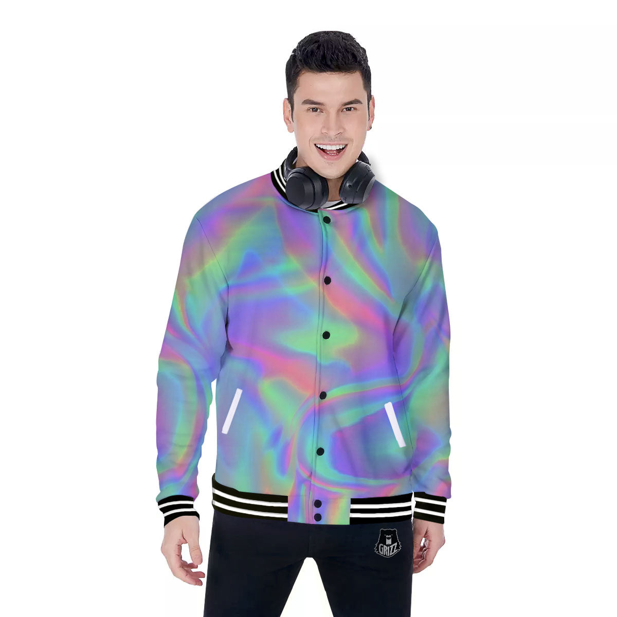 Trippy Psychedelic Holographic Print Baseball Jacket-grizzshop