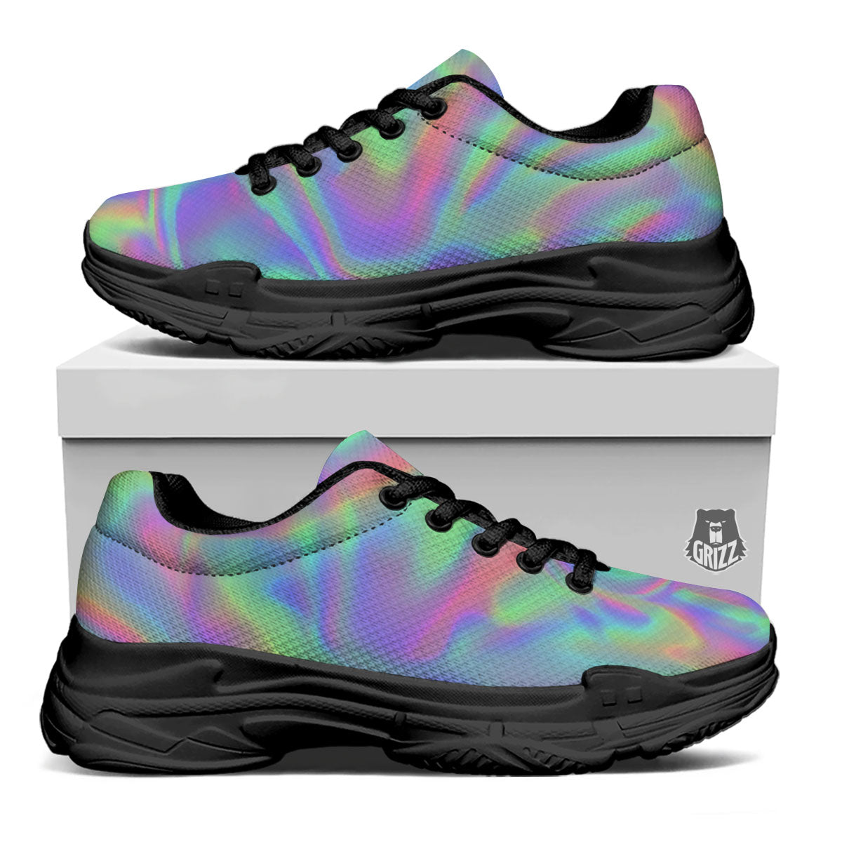 Trippy Psychedelic Holographic Print Black Chunky Shoes-grizzshop