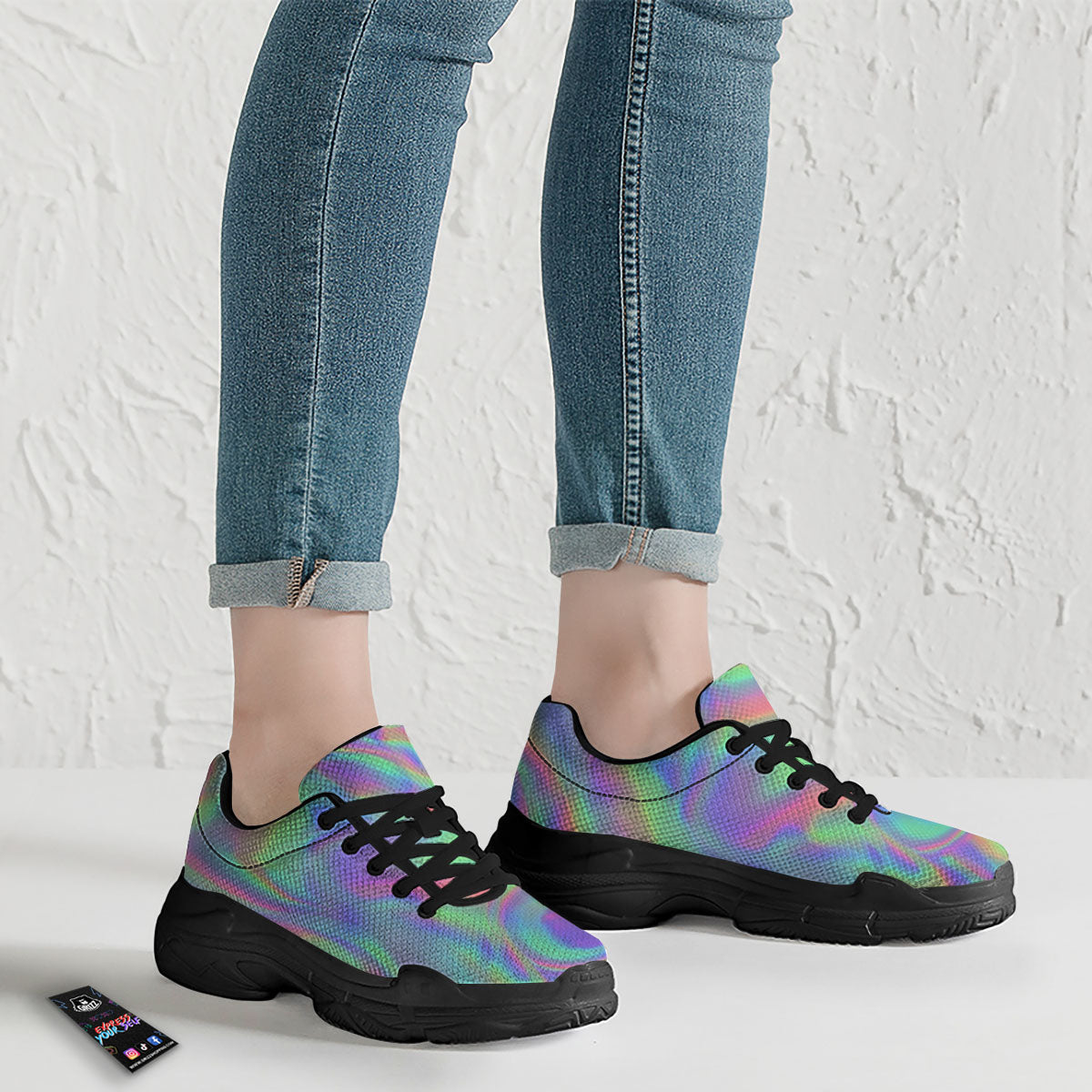 Trippy Psychedelic Holographic Print Black Chunky Shoes-grizzshop