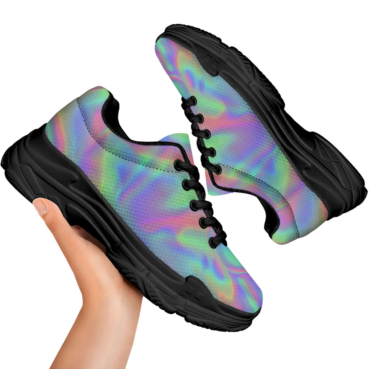 Trippy Psychedelic Holographic Print Black Chunky Shoes-grizzshop