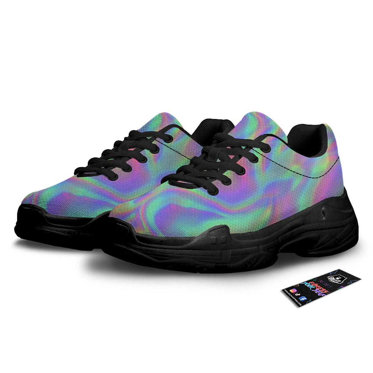 Trippy Psychedelic Holographic Print Black Chunky Shoes-grizzshop