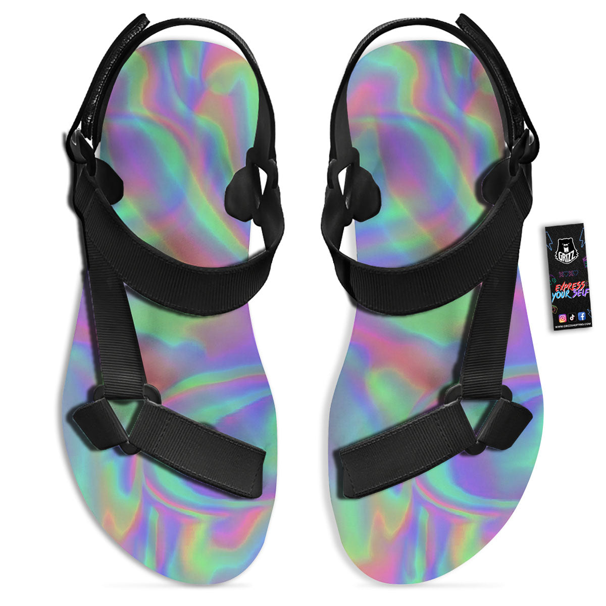 Trippy Psychedelic Holographic Print Black Open Toe Sandals-grizzshop