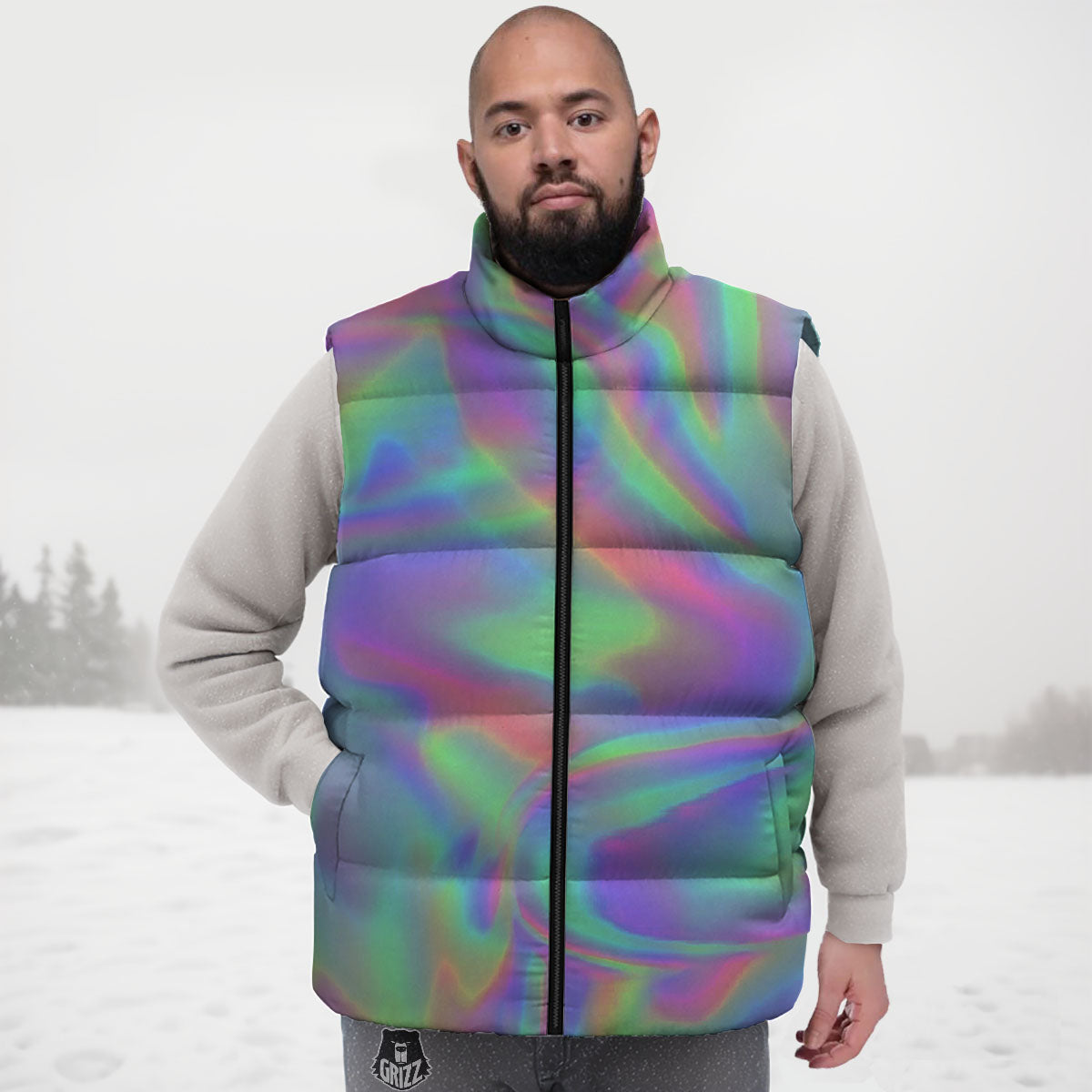 Trippy Psychedelic Holographic Print Down Vest