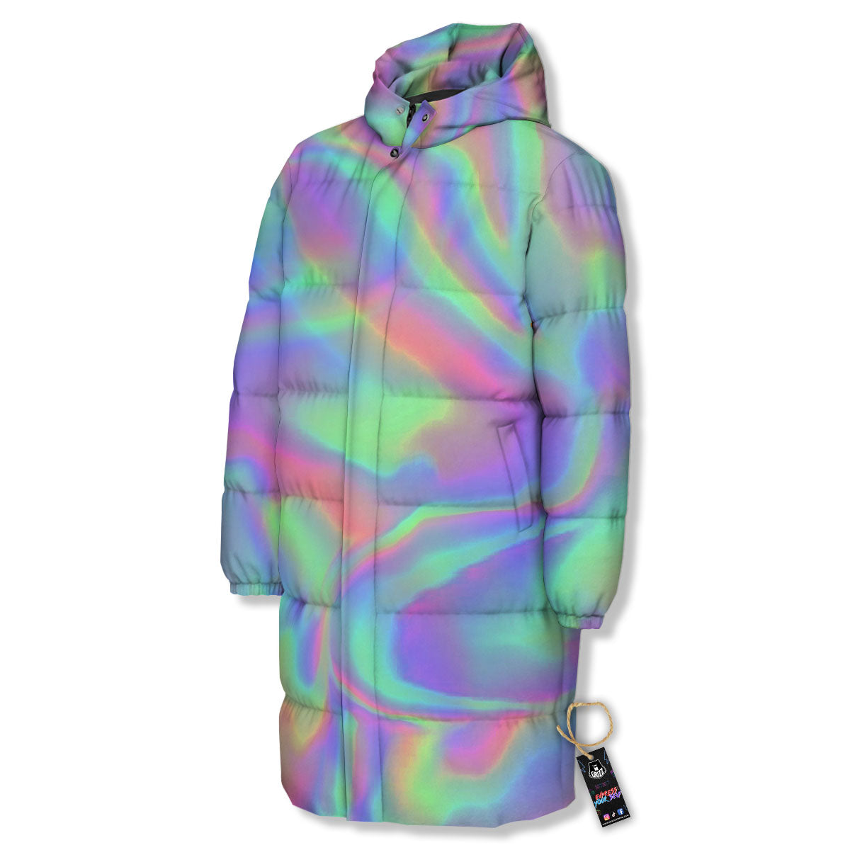 Trippy Psychedelic Holographic Print Long Down Jacket-grizzshop