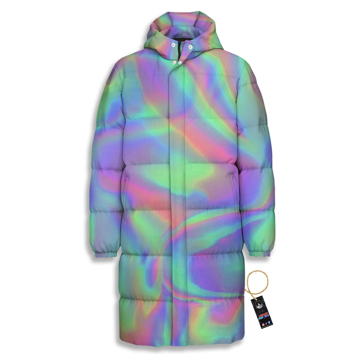 Trippy Psychedelic Holographic Print Long Down Jacket-grizzshop
