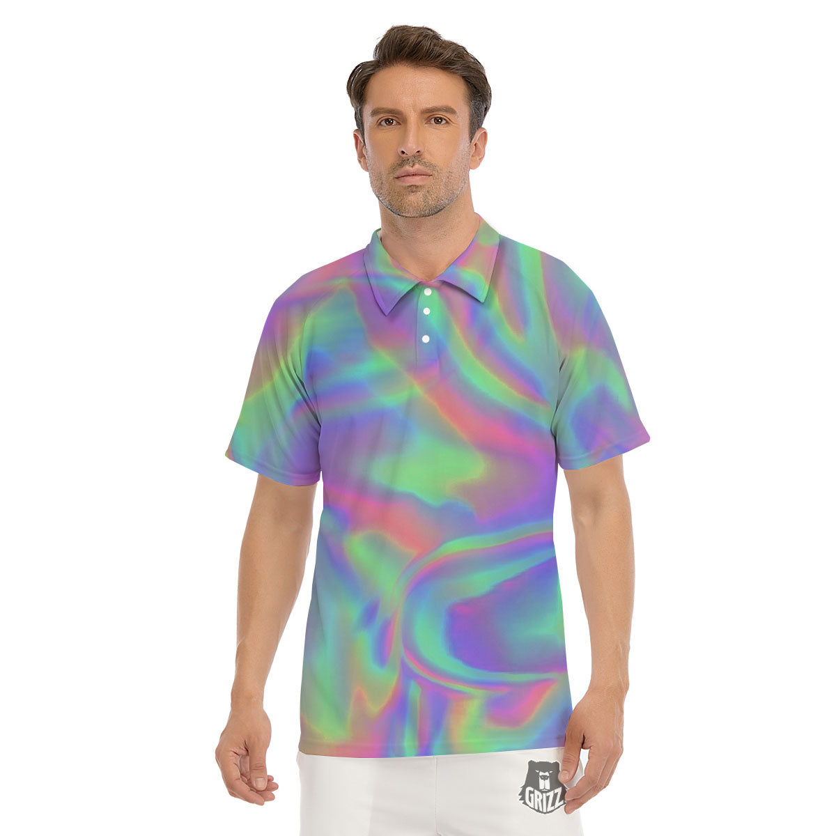 Trippy Psychedelic Holographic Print Men's Golf Shirts-grizzshop