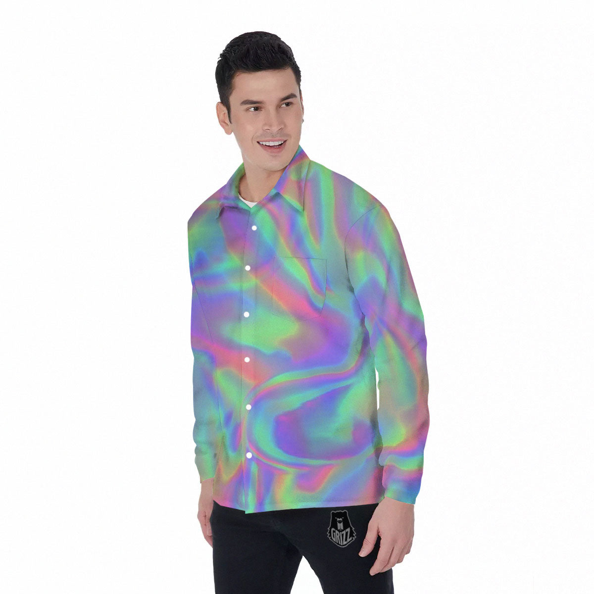Trippy Psychedelic Holographic Print Men's Long Sleeve Shirts-grizzshop
