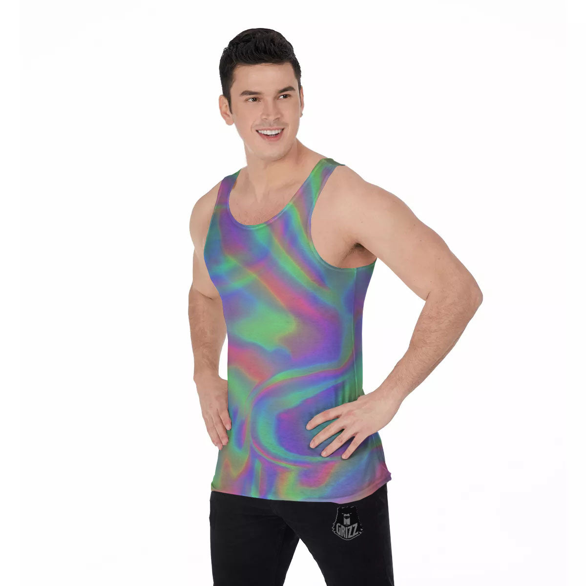 Trippy Psychedelic Holographic Print Men's Tank Top-grizzshop