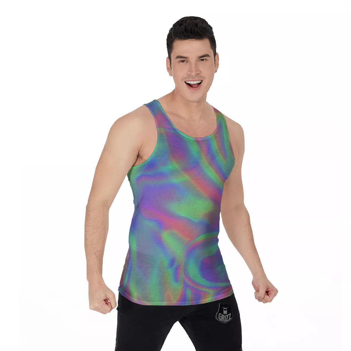 Trippy Psychedelic Holographic Print Men's Tank Top-grizzshop