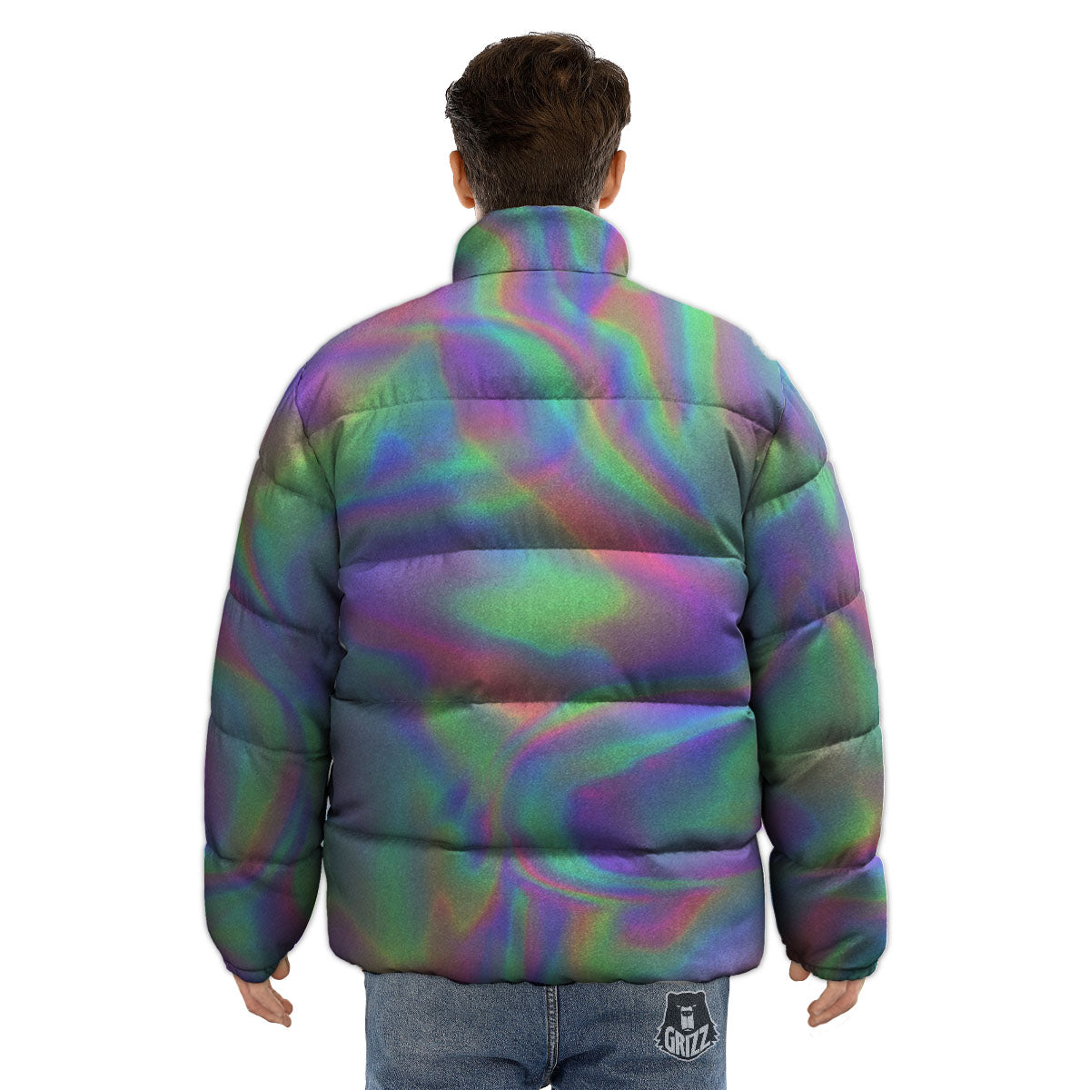 Trippy Psychedelic Holographic Print Puffer Jacket-grizzshop