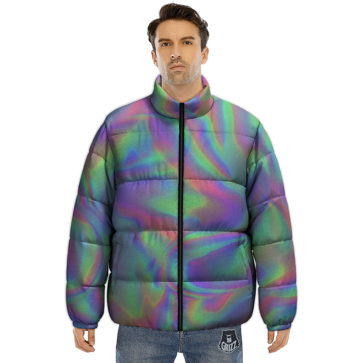 Trippy Psychedelic Holographic Print Puffer Jacket-grizzshop