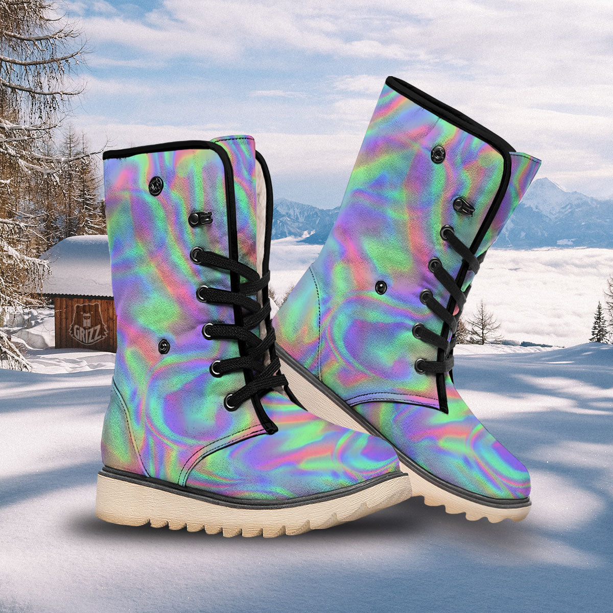 Trippy Psychedelic Holographic Print Snow Boots-grizzshop