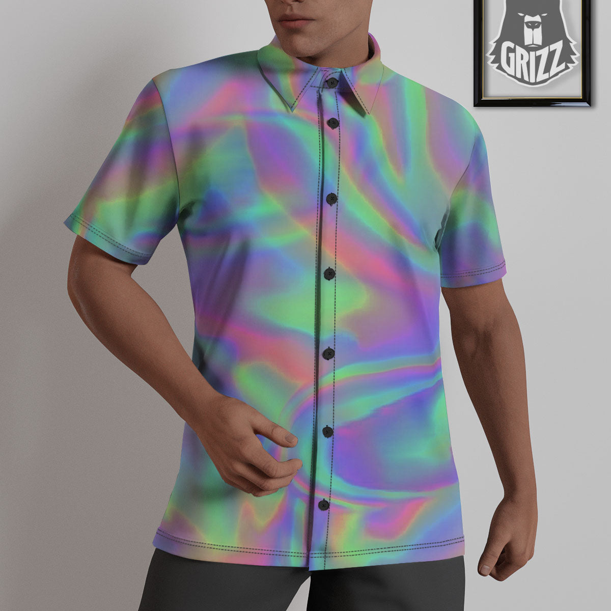 Trippy Psychedelic Holographic Print Untucked Shirts-grizzshop