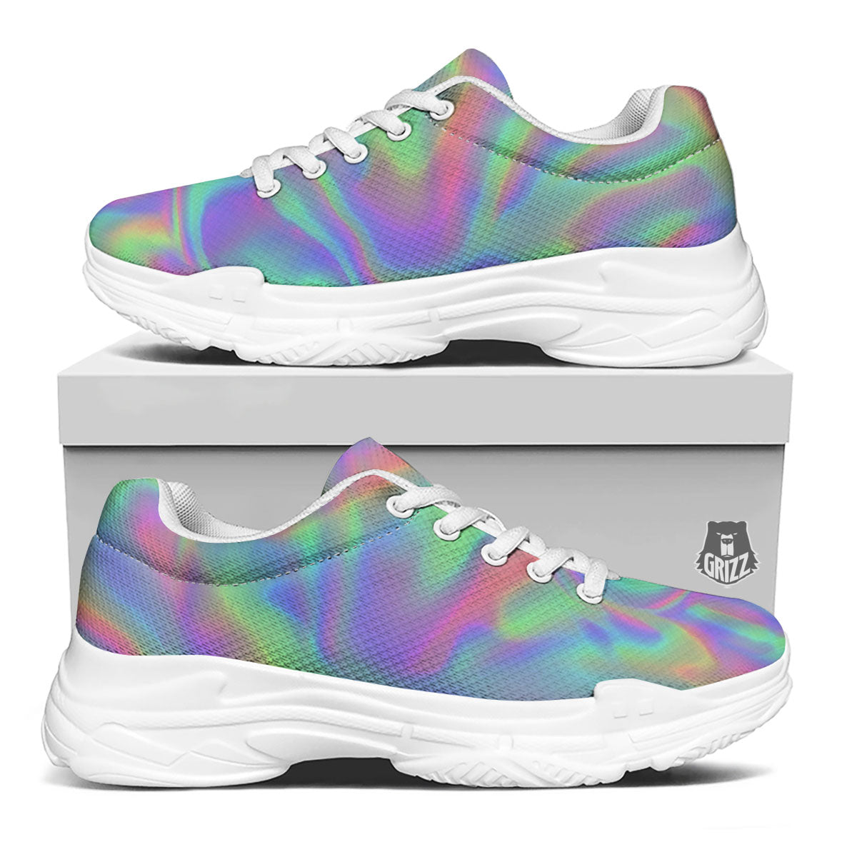 Trippy Psychedelic Holographic Print White Chunky Shoes-grizzshop