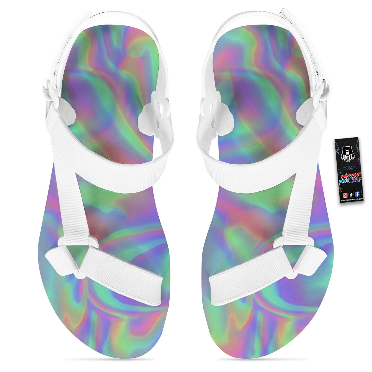 Trippy Psychedelic Holographic Print White Open Toe Sandals-grizzshop