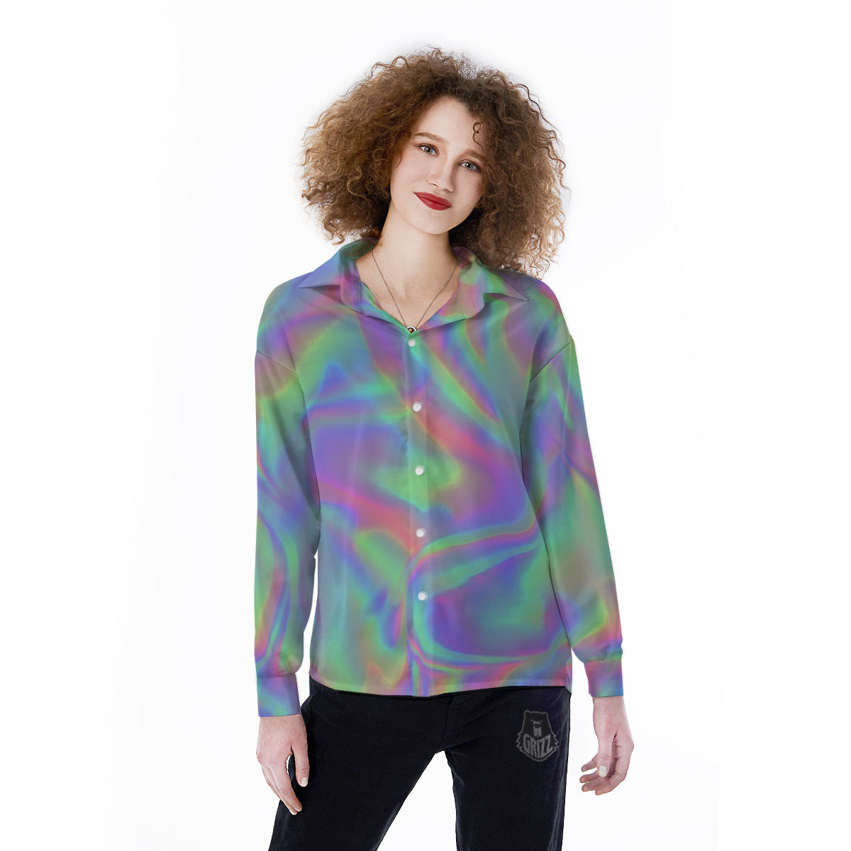 Trippy Psychedelic Holographic Print Women's Long Sleeve Shirts-grizzshop