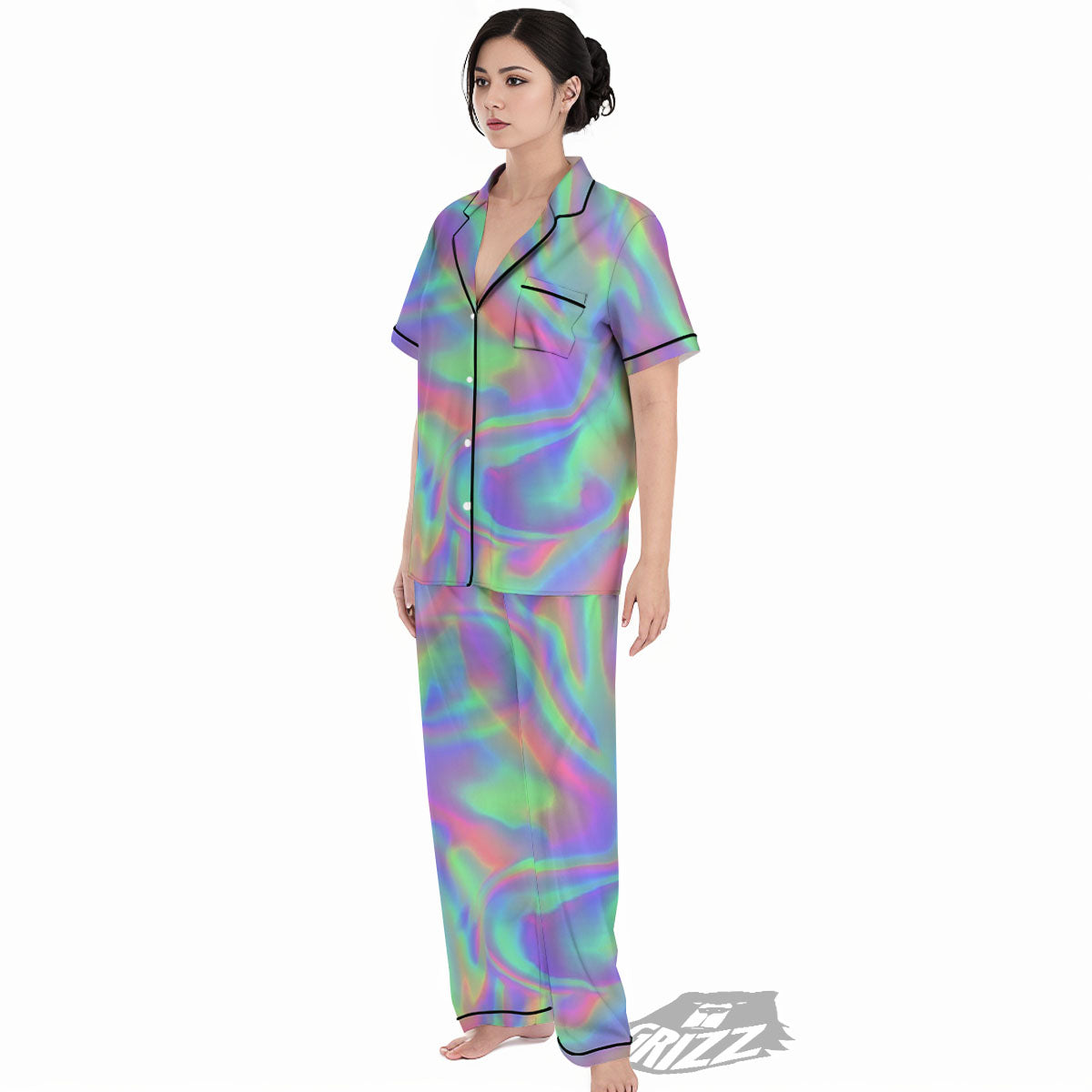 Trippy Psychedelic Holographic Print Women's Pajamas Set-grizzshop