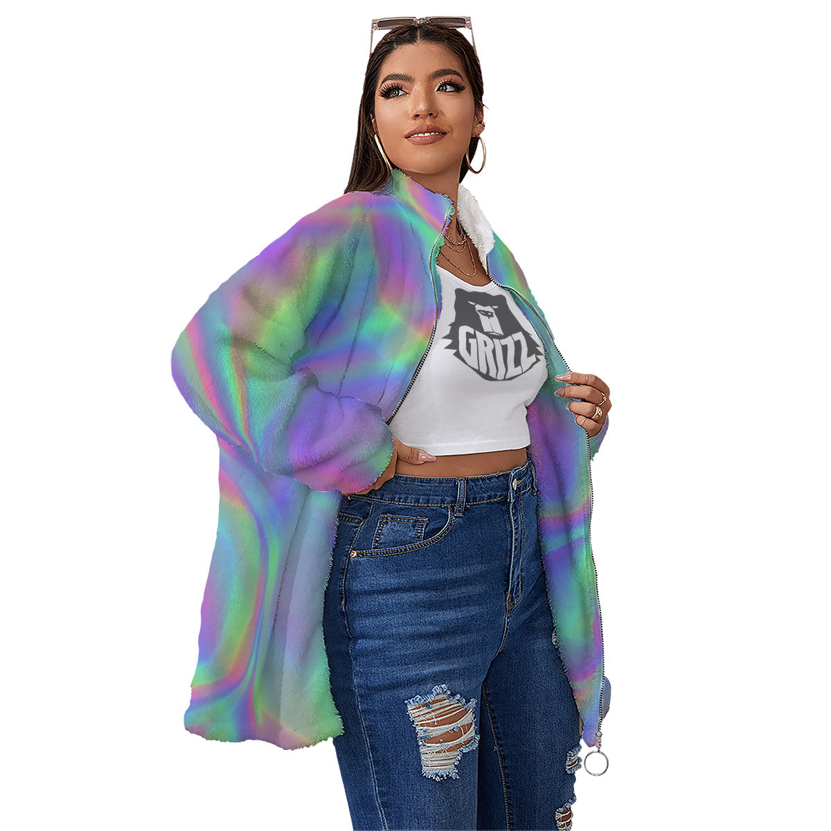 Trippy Psychedelic Holographic Print Women's Sherpa Jacket-grizzshop